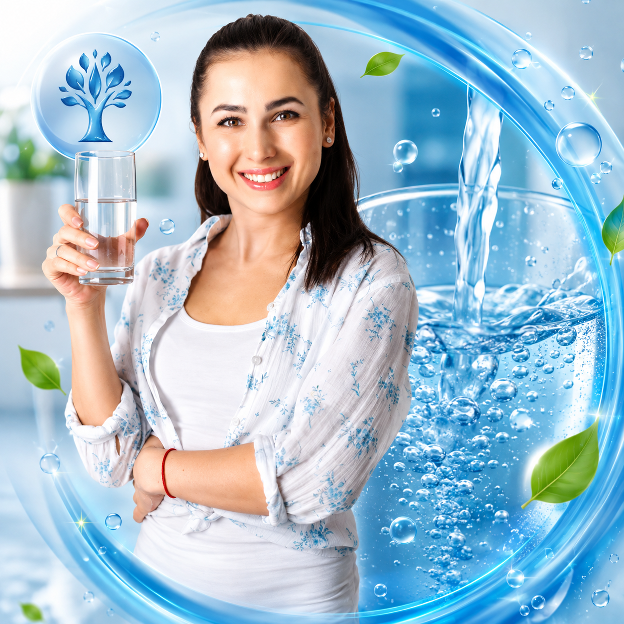 Mujer sonriente bebiendo un vaso de agua hidrogenada en casa