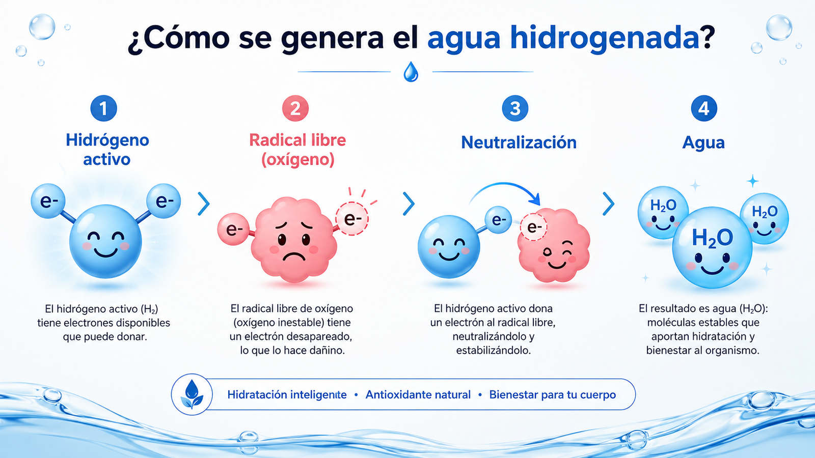 Esquema del proceso de electrólisis: el hidrógeno activo neutraliza el radical libre y se convierte en agua